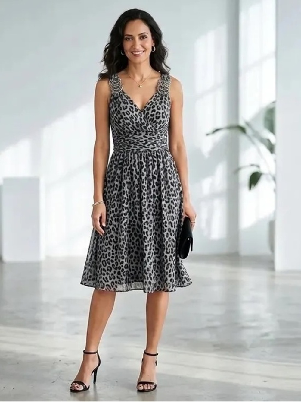 NWT Vertigo Paris Dress Sz M V Neck Ruched waist Hardware rings at straps